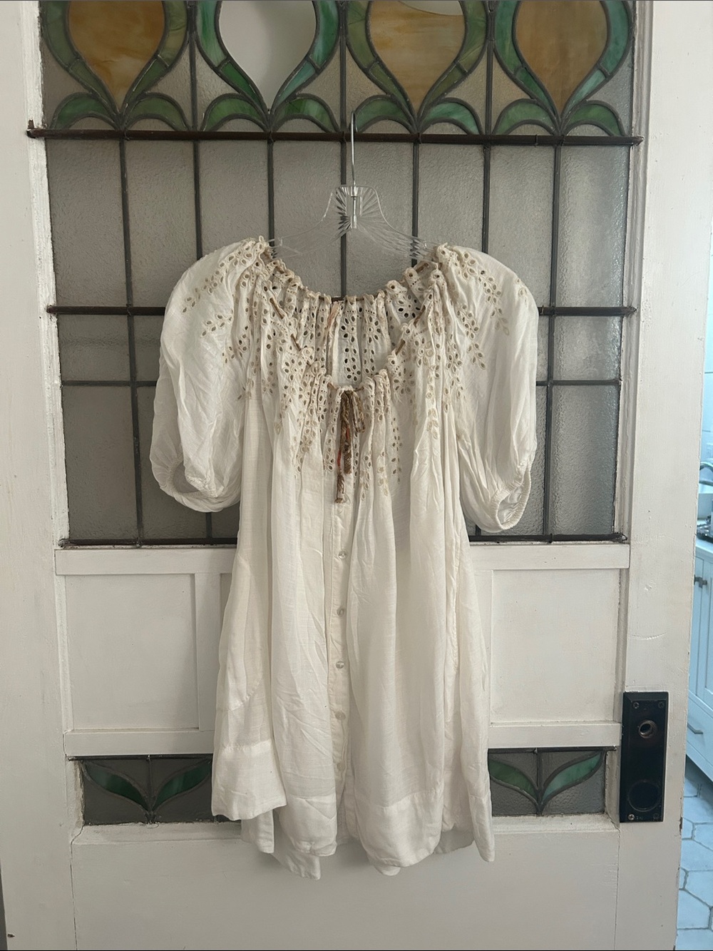 Free People eyelet Boho Lace-Trim White Peasant Blouse